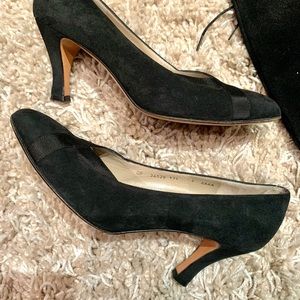 Salvatore Ferragamo Black Suede Almond Toe Heels with Black Trim